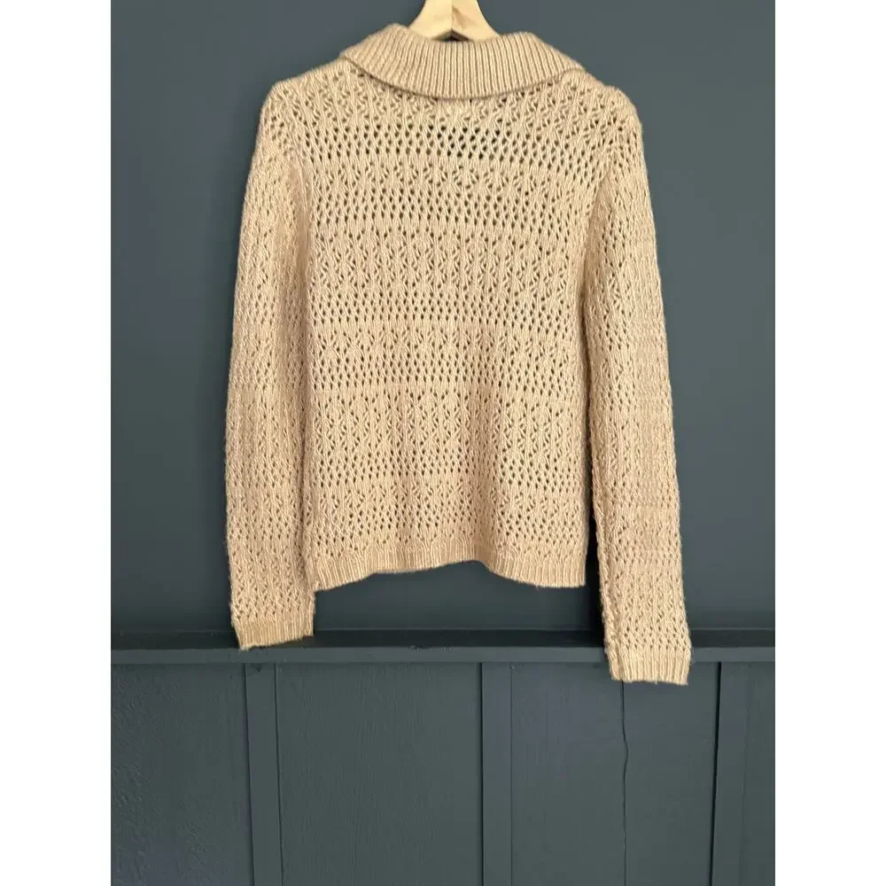Joie Crochet Open Knit Collared Button Down Cardigan Sweater Tan Size Small